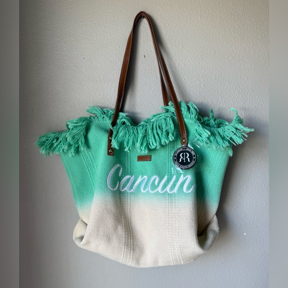 Robin Ruth Cancun Tassel Gradient Canvas Tote Bag Summer Accessory Green